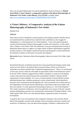 A Victor's History: a Comparative Analysis of the Labour Historiography of Indonesia's New Order