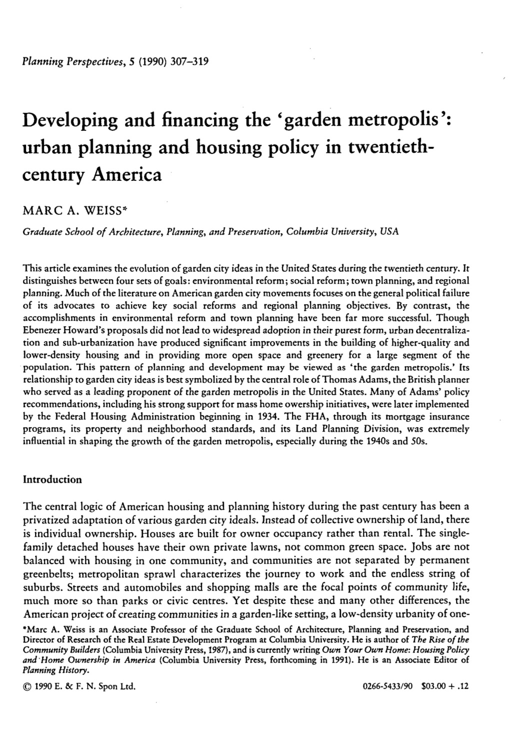 Garden Metropolis': Urban Planning and Housing Policy in Twentieth- Century America
