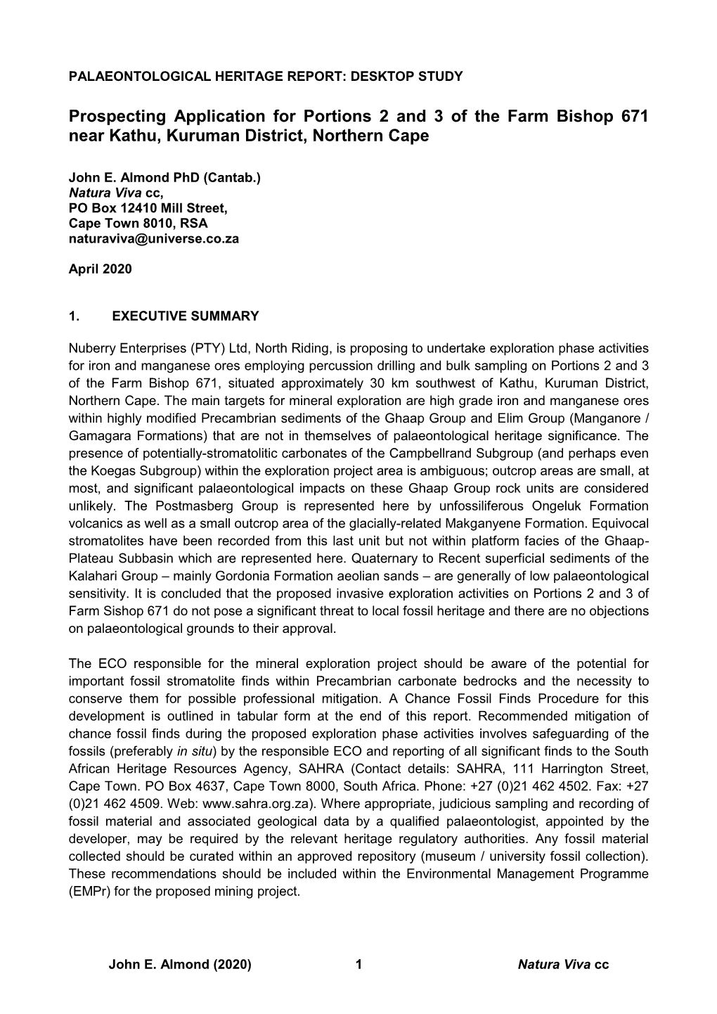 Palaeontological Impact Assessment: Desktop Study, 20 Pp