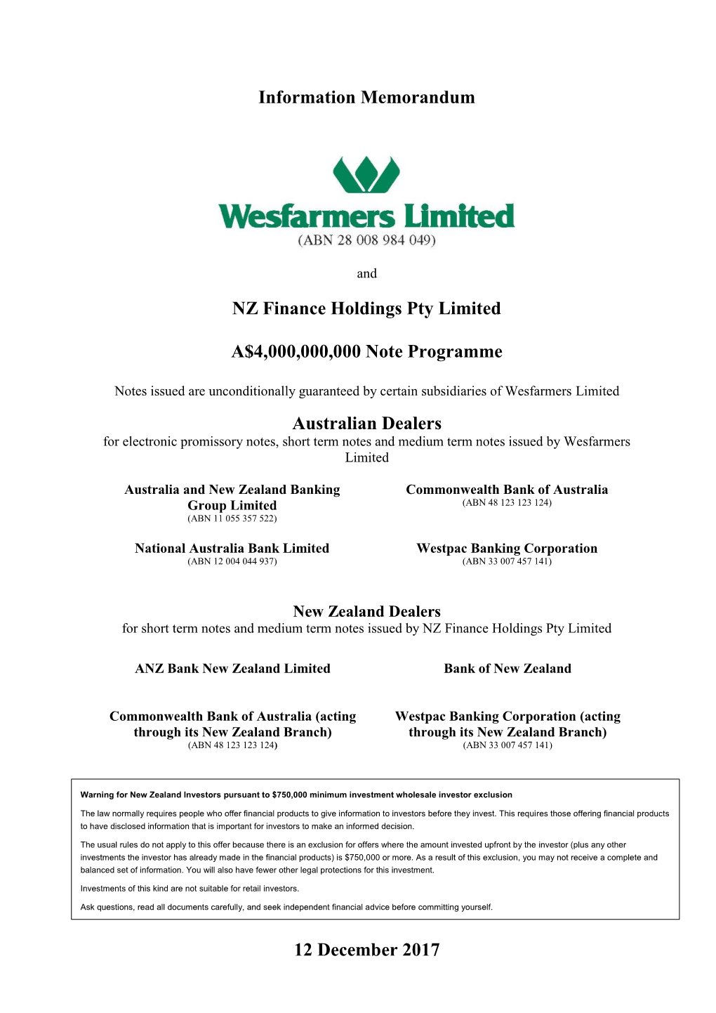 Information Memorandum NZ Finance Holdings Pty Limited A