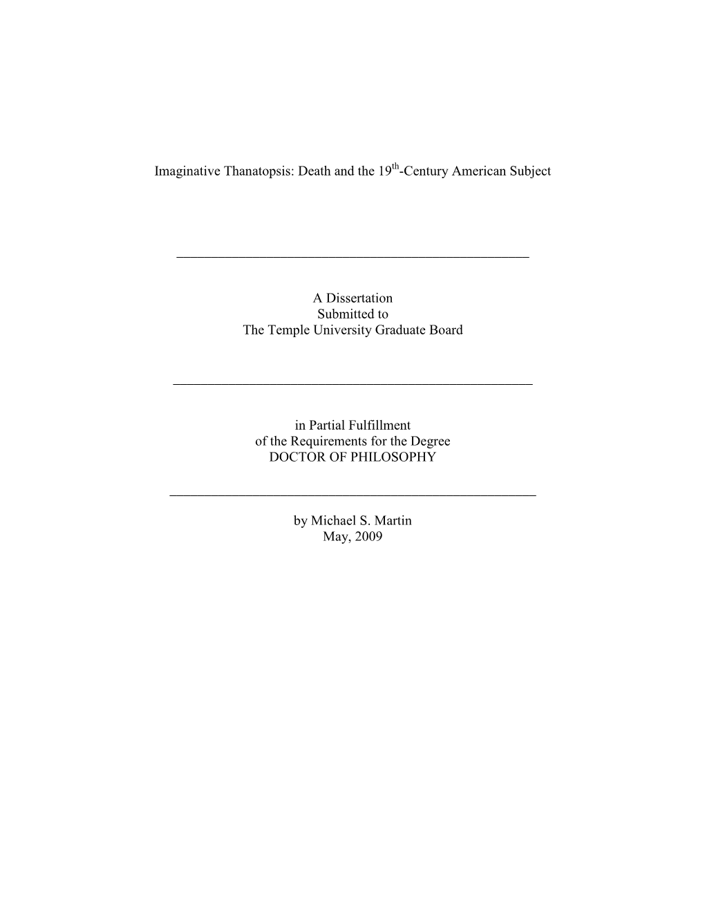 Imaginative Thanatopsis: Death and the 19 -Century American