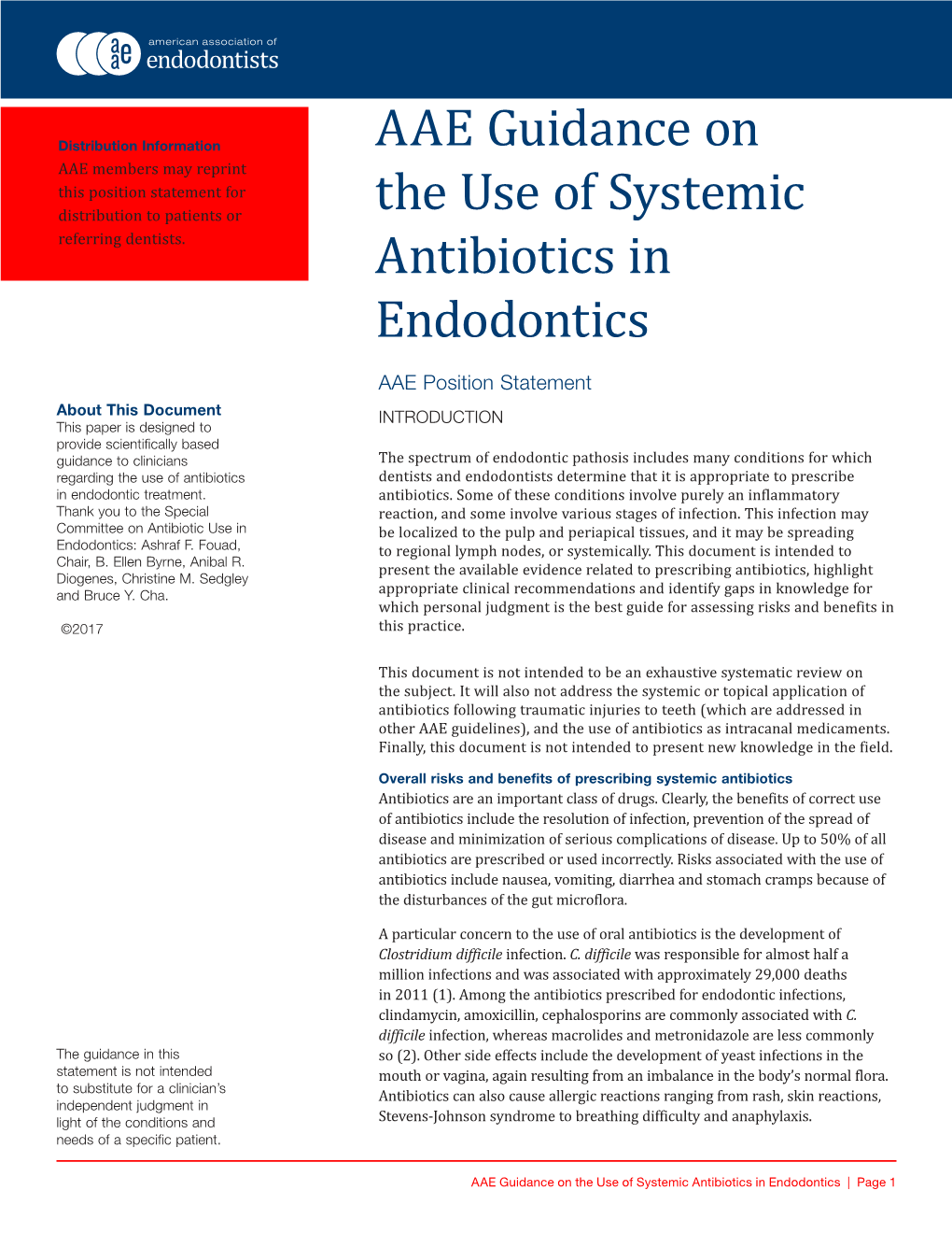 AAE Guidance on the Use of Systemic Antibiotics in Endodontics
