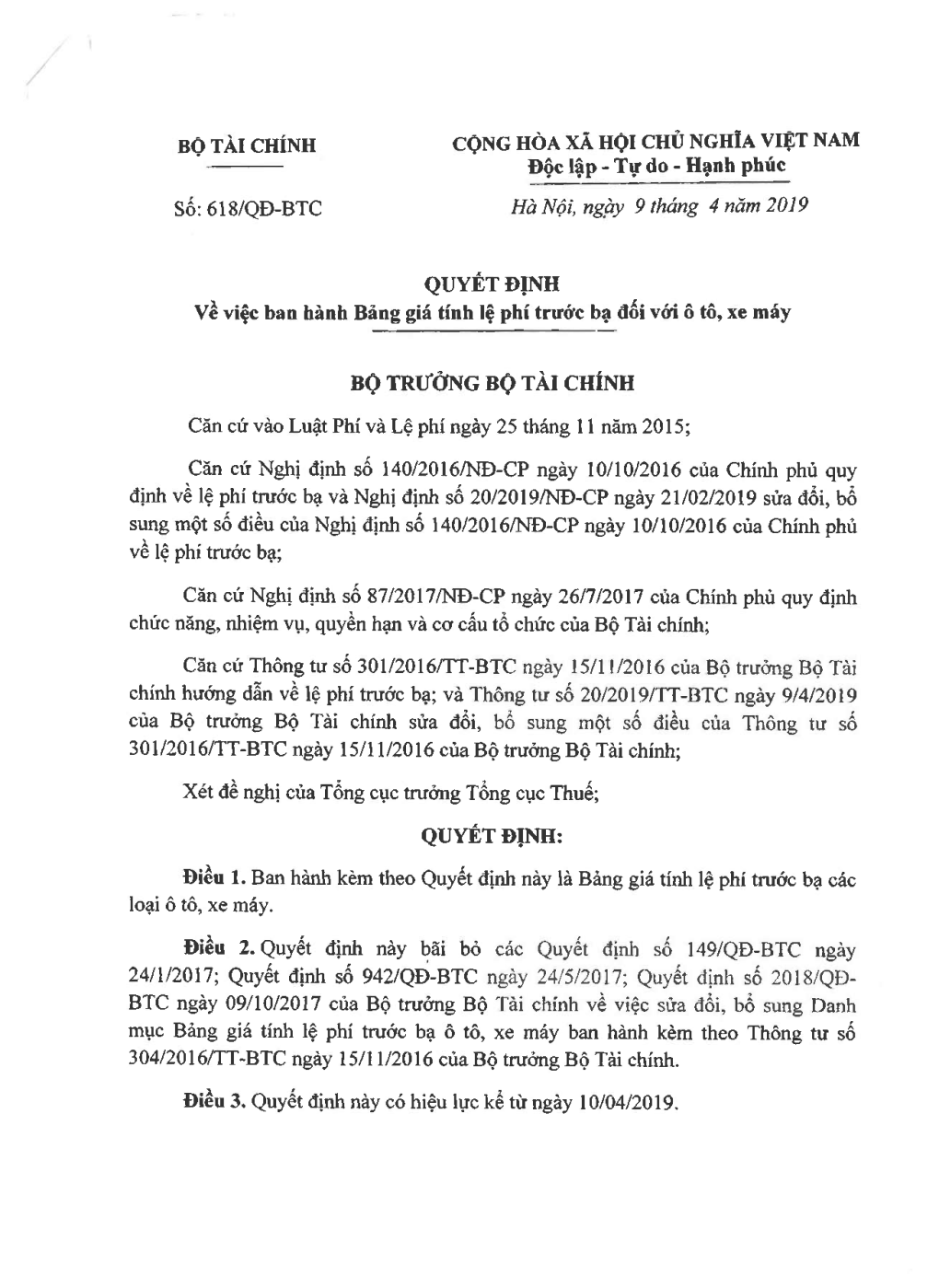 618/QĐ-BTC Hà Nội, Ngày 9 Tháng 4 Năm 2019