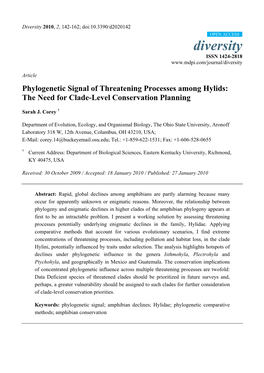 Phylogenetic Signal of Threatening Processes Among Hylids: the Need for Clade-Level Conservation Planning