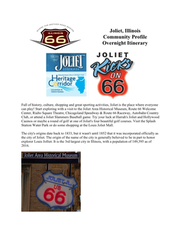 Joliet, Illinois Community Profile Overnight Itinerary