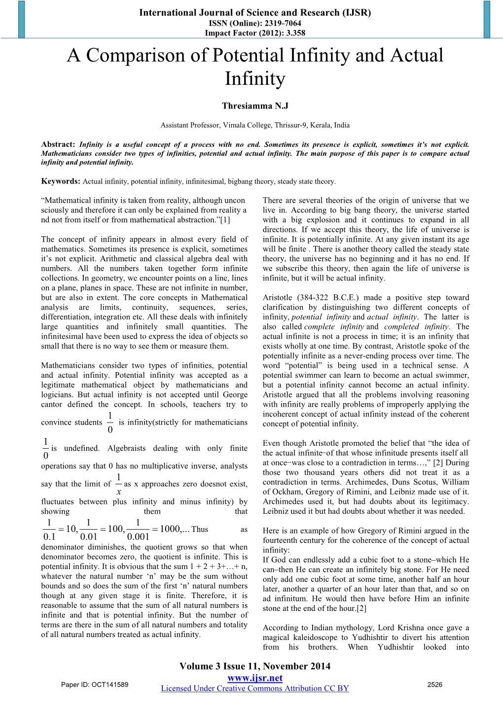 A Comparison of Potential Infinity and Actual Infinity