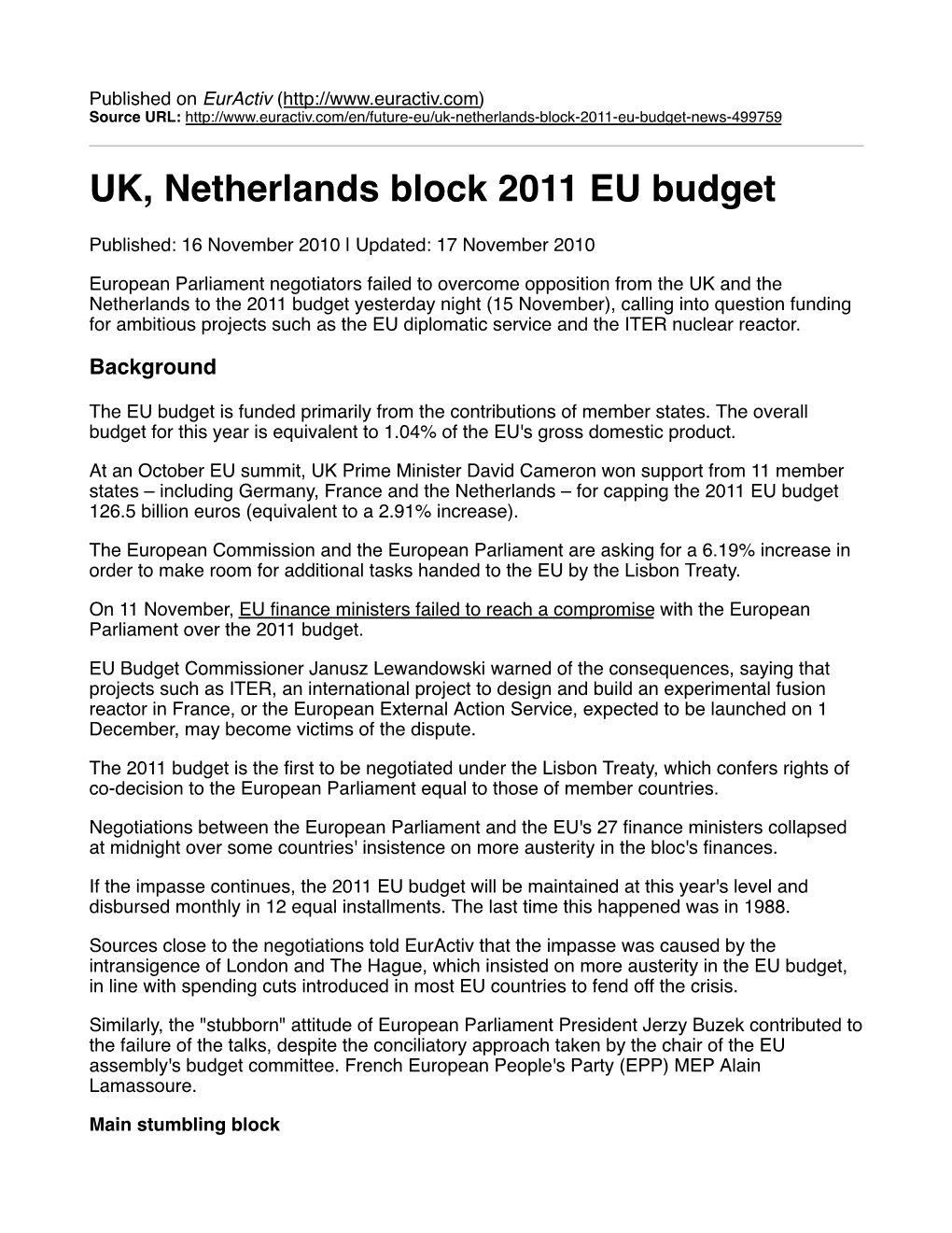 UK, Netherlands Block 2011 EU Budget