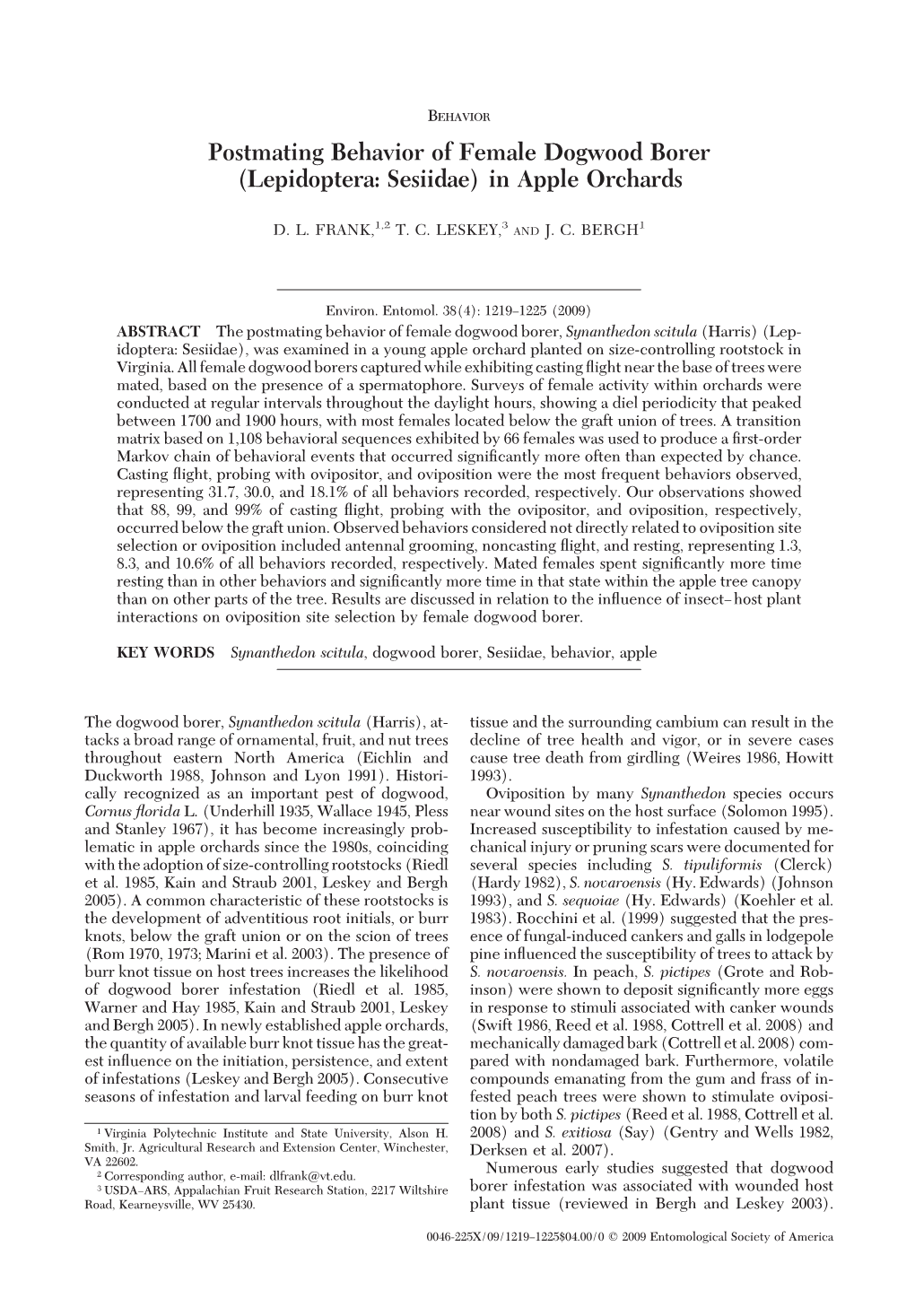 Postmating Behavior of Female Dogwood Borer (Lepidoptera: Sesiidae) in Apple Orchards