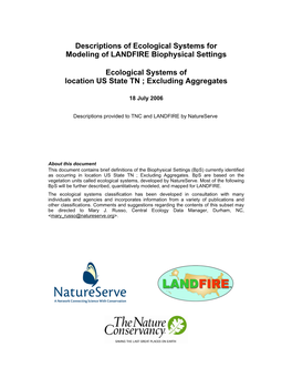 Descriptions of Ecological Systems for Modeling of LANDFIRE Biophysical Settings Ecological Systems of Location US State TN