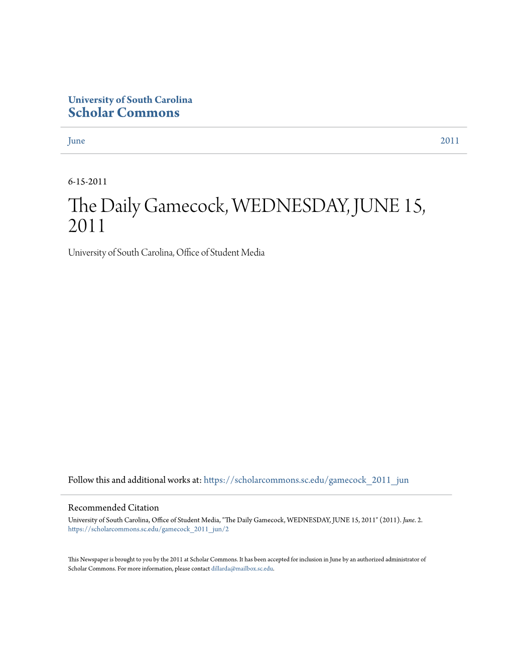 The Daily Gamecock, WEDNESDAY, JUNE 15, 2011