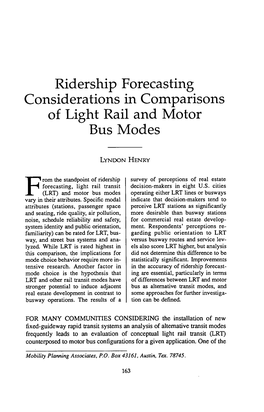 Ridership Forecasting Considerations in Comparisons of Light Ra Ii and Motor Bus Modes