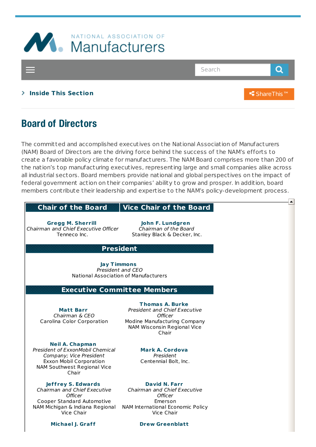 NAM) Board of Directors Are the Driving Force Behind the Success of the NAM’S Efforts to Create a Favorable Policy Climate for Manufacturers