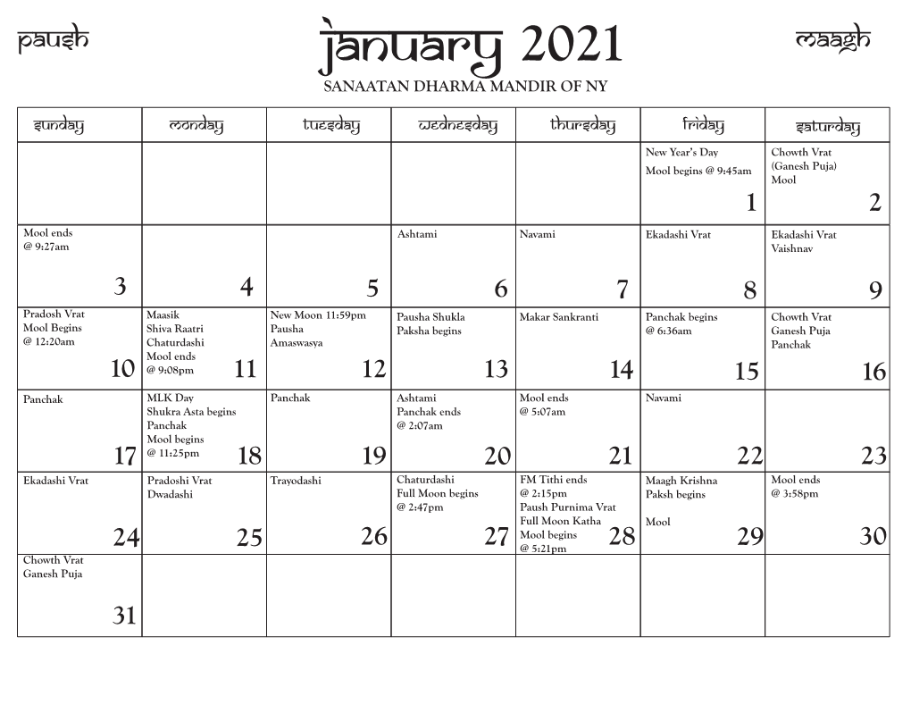 January 2021 Maagh SANAATAN DHARMA MANDIR of NY