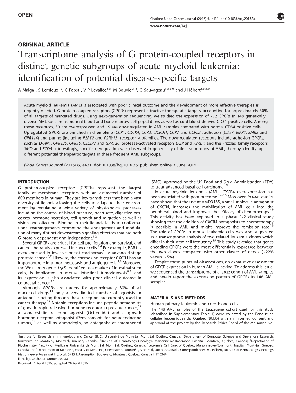 Transcriptome Analysis of G Protein-Coupled Receptors in Distinct Genetic Subgroups of Acute Myeloid Leukemia: Identiﬁcation of Potential Disease-Speciﬁc Targets