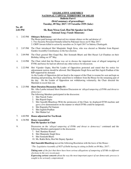 LEGISLATIVE ASSEMBLY NATIONAL CAPITAL TERRITORY of DELHI Bulletin Part-I (Brief Summary of Proceedings) Tuesday, 09 May 2017 / 19 Vaisakha 1939 (Saka ) No