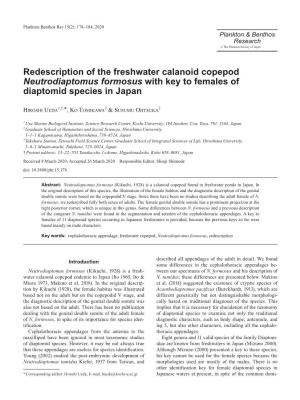 Redescription of the Freshwater Calanoid Copepod Neutrodiaptomus Formosus with Key to Females of Diaptomid Species in Japan