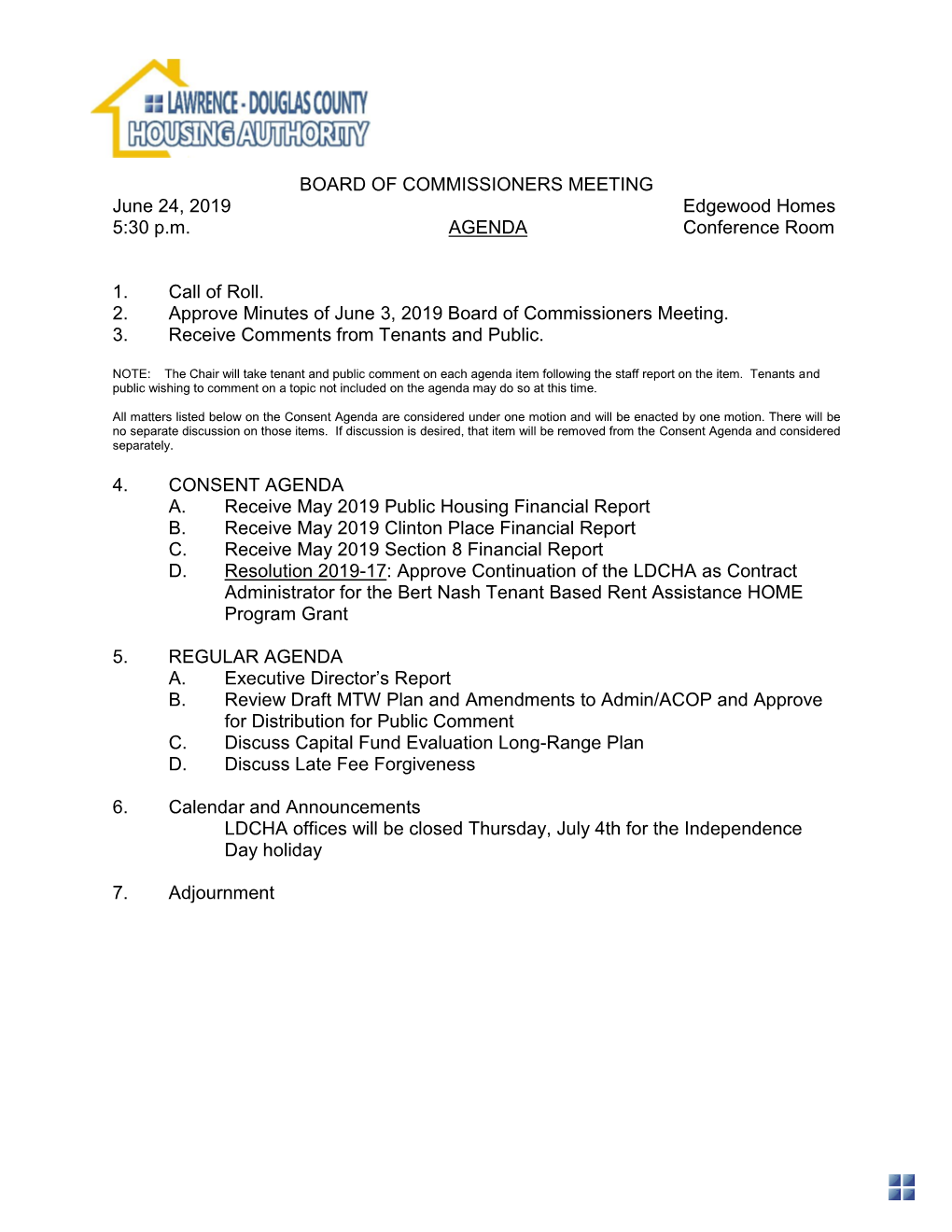 BOARD of COMMISSIONERS MEETING June 24, 2019 Edgewood Homes 5:30 P.M