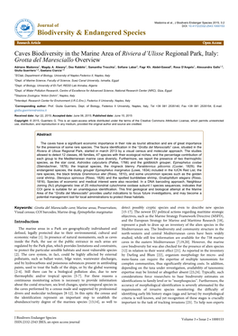 Caves Biodiversity in the Marine Area of Riviera D'ulisse Regional Park, Italy