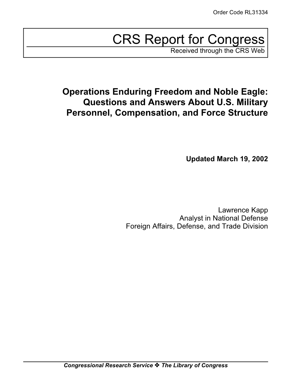 Operations Enduring Freedom and Noble Eagle: Questions and Answers About U.S