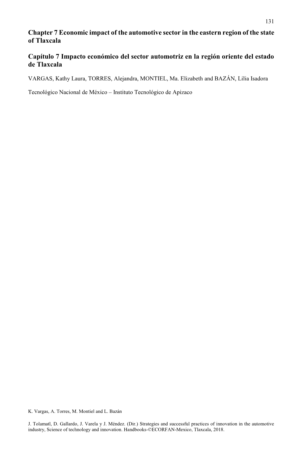 Chapter 7 Economic Impact of the Automotive Sector in the Eastern Region of the State of Tlaxcala