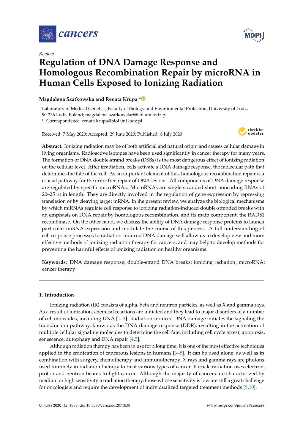 Regulation of DNA Damage Response and Homologous Recombination Repair by Microrna in Human Cells Exposed to Ionizing Radiation