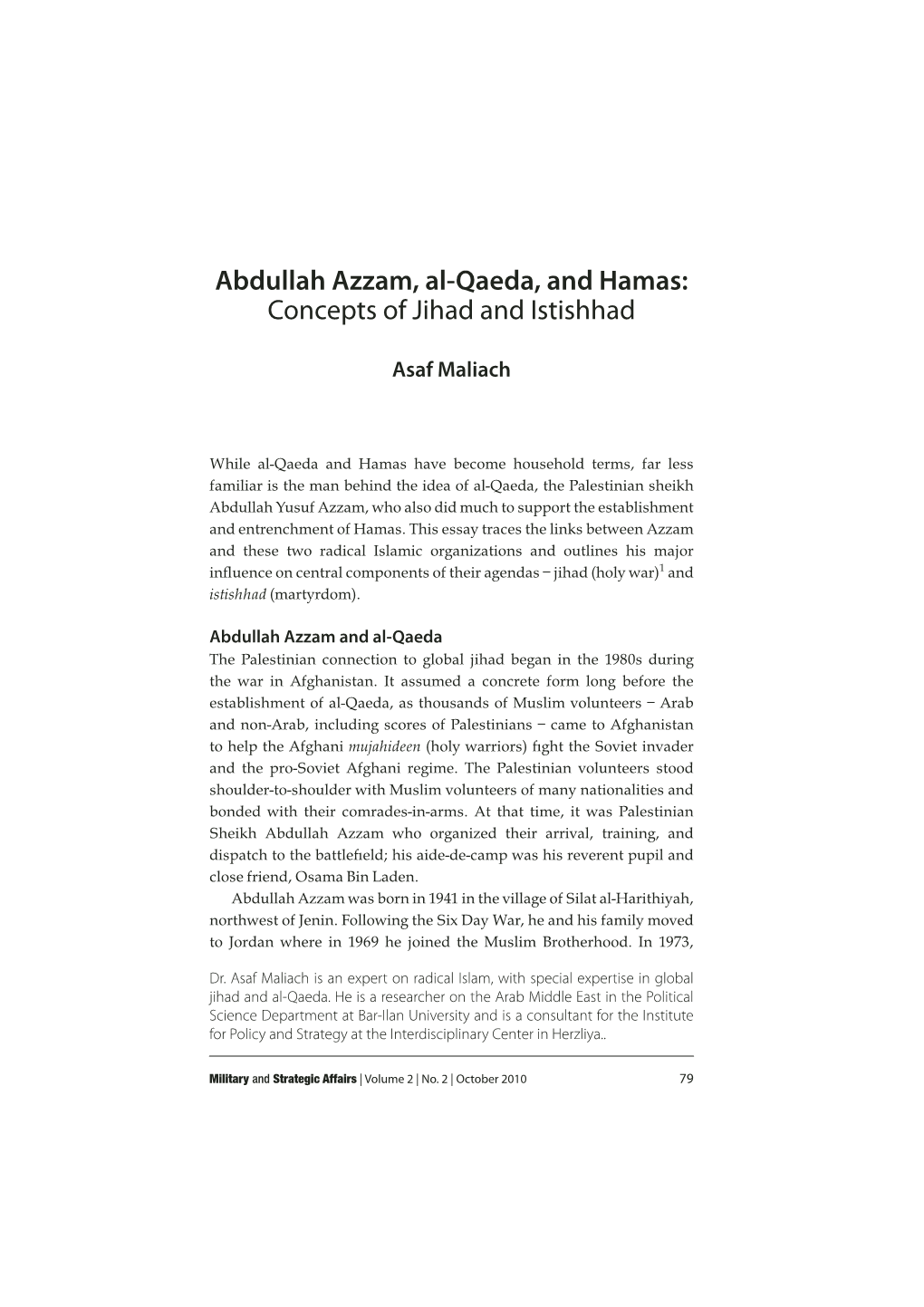 Abdullah Azzam, Al-Qaeda, and Hamas: Concepts of Jihad and Istishhad