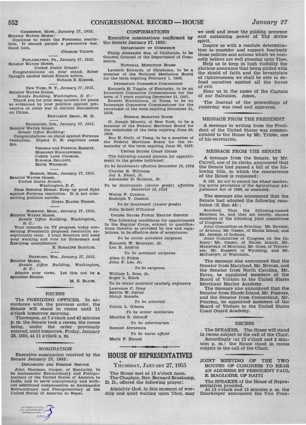 HOUSE of REPRESENTATIVES Senate January 27, 1955: • JOINT MEETING of the TWO DIPLOMATIC and FOREIGN SERVICE