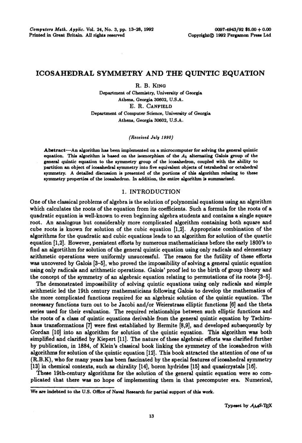 ICOSAHEDRAL SYMMETRY and the QUINTIC EQUATION Typeset by A