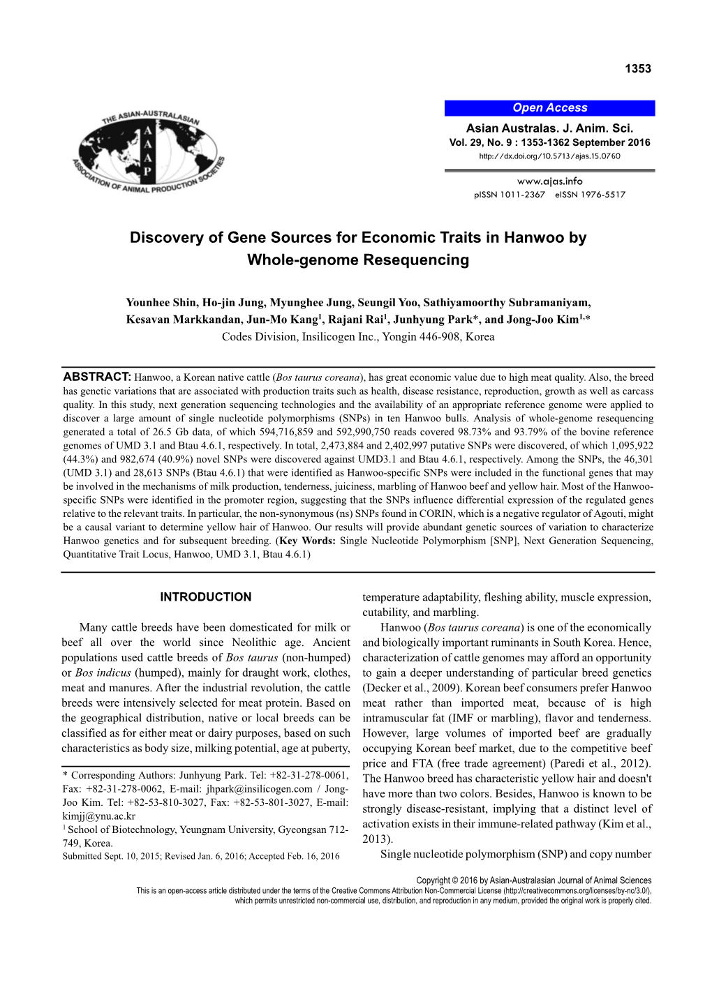 Discovery of Gene Sources for Economic Traits in Hanwoo by Whole-Genome Resequencing