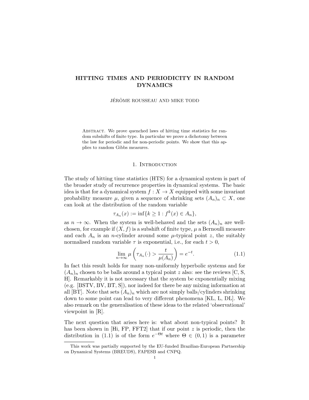 Hitting Times and Periodicity in Random Dynamics