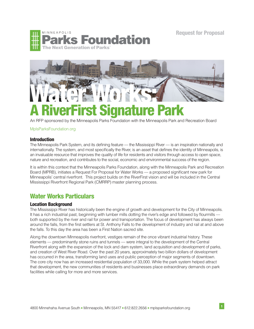 Water Works: a Riverfirst Signature Park an RFP Sponsored by the Minneapolis Parks Foundation with the Minneapolis Park and Recreation Board Mplsparksfoundation.Org