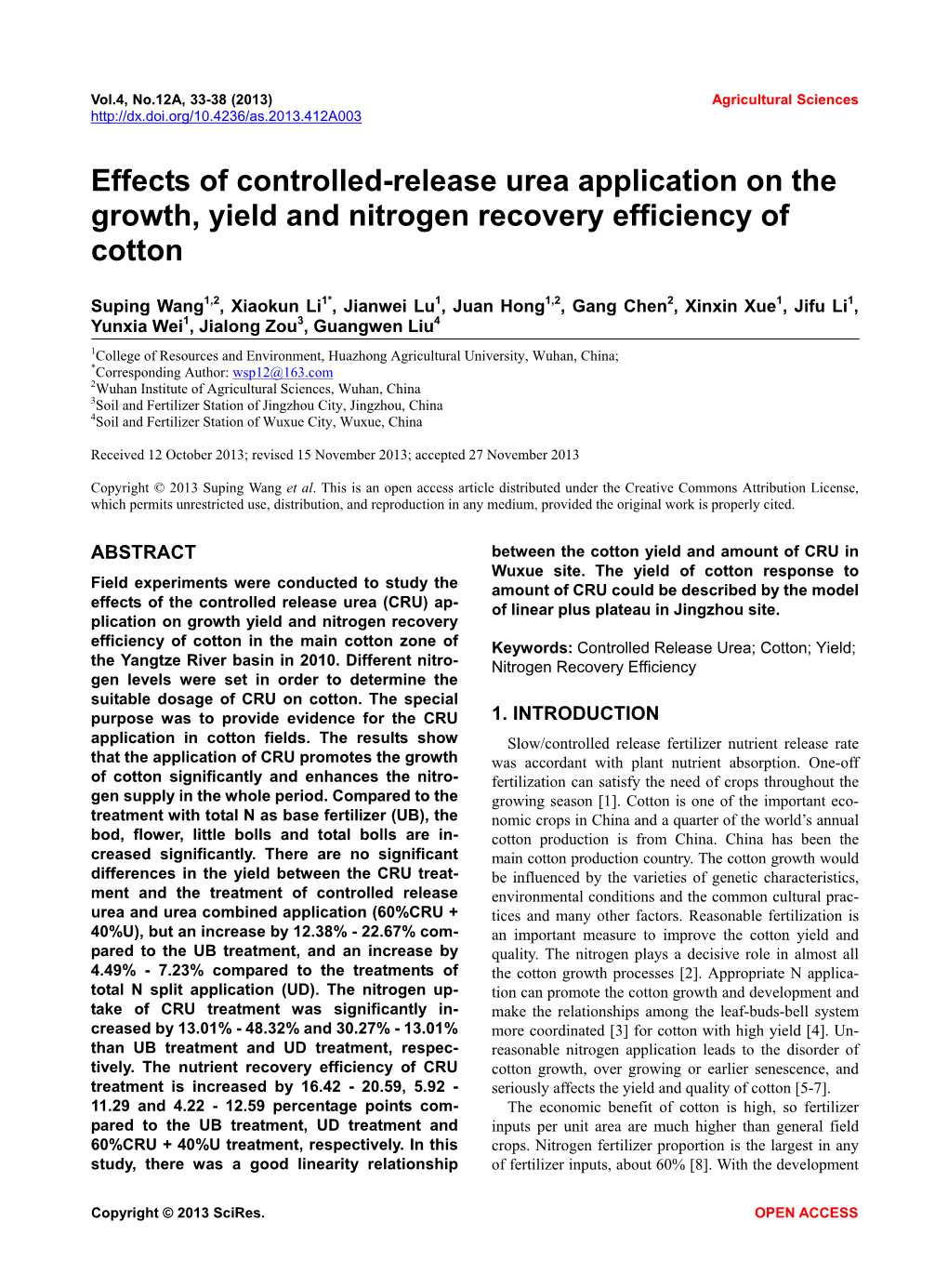 Effects of Controlled-Release Urea Application on the Growth, Yield and Nitrogen Recovery Efficiency of Cotton