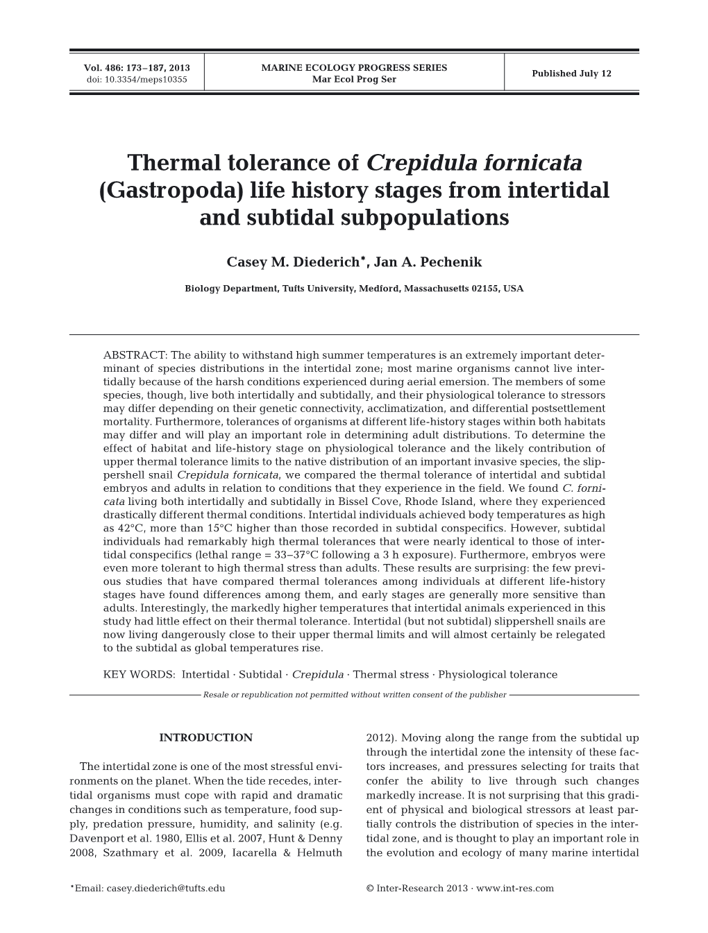 Thermal Tolerance of Crepidula Fornicata (Gastropoda) Life History Stages from Intertidal and Subtidal Subpopulations