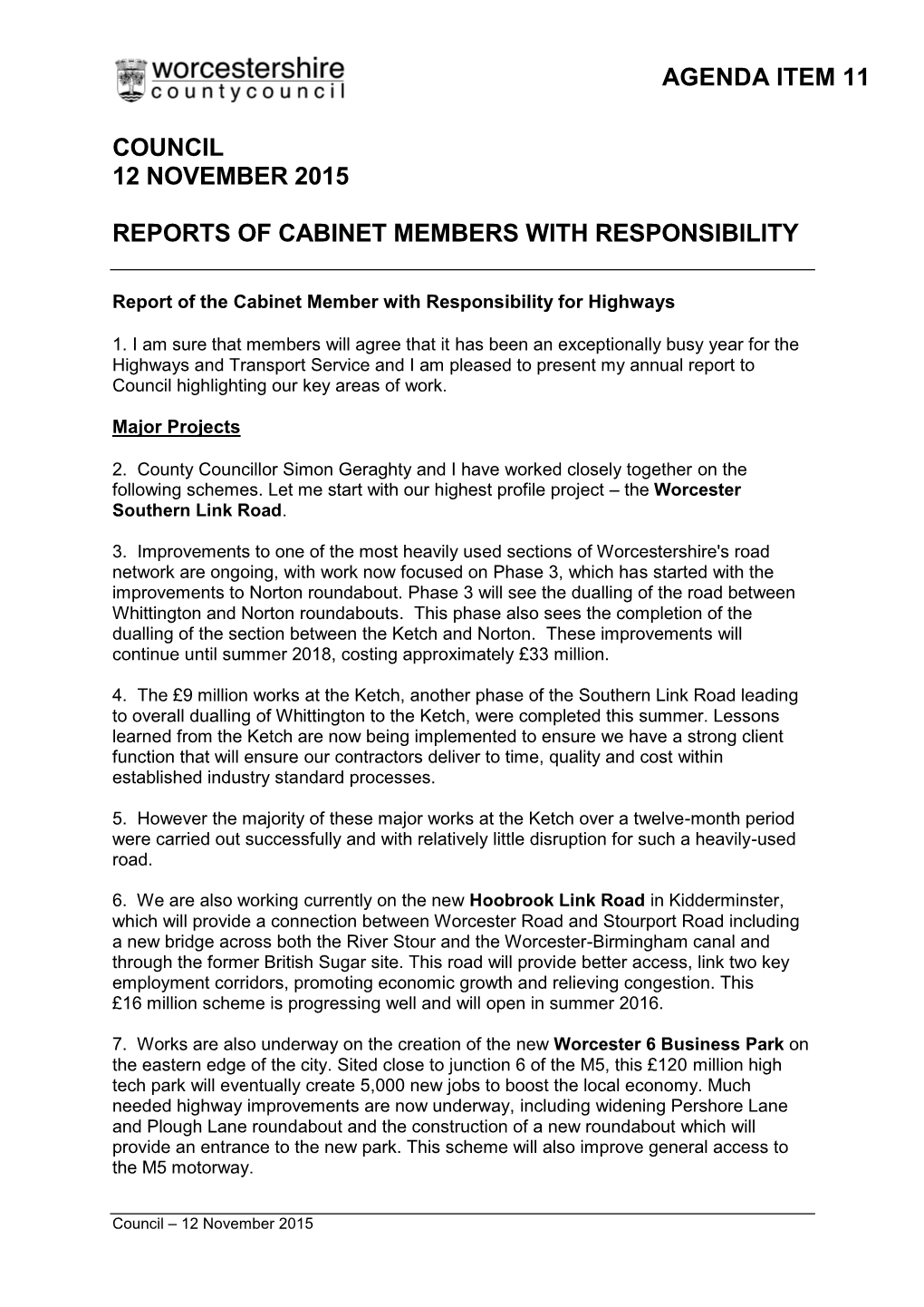 Agenda Item 11 Council 12 November 2015 Reports Of