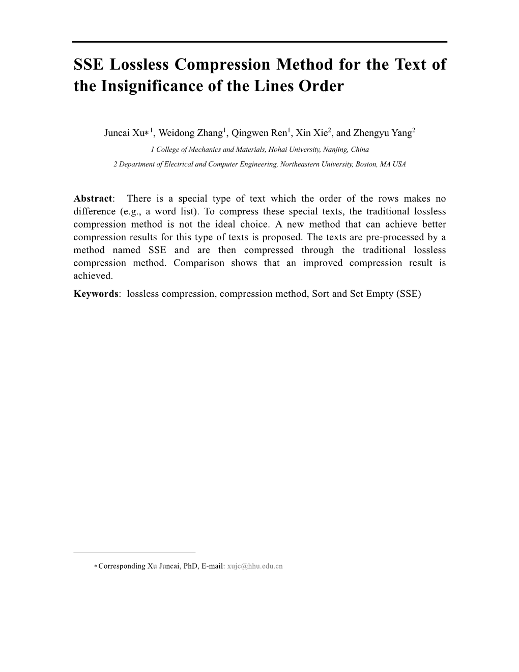 SSE Lossless Compression Method for the Text of the Insignificance of the Lines Order