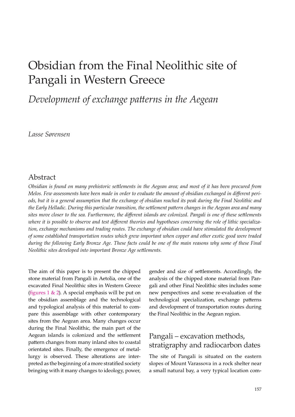 Obsidian from the Final Neolithic Site of Pangali in Western Greece Development of Exchange Patterns in the Aegean