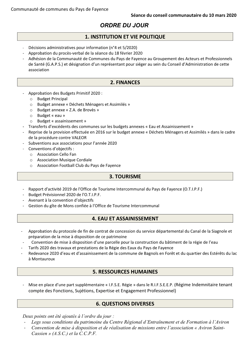 Délibérations Du Conseil Communautaire Du 10 Mars 2020