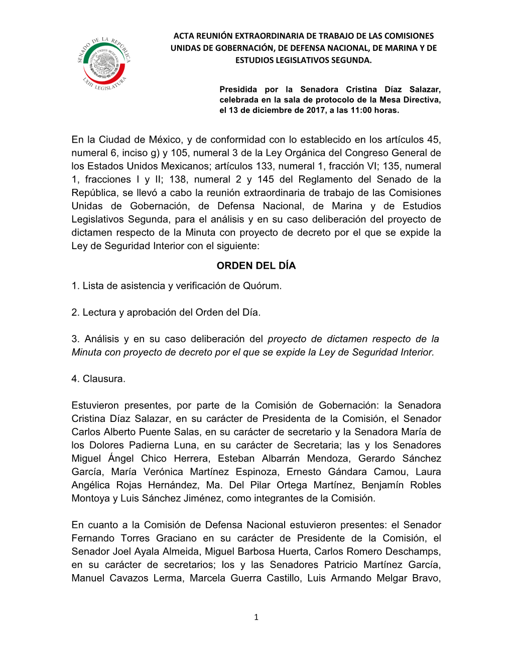 Acta Reunión Extraordinaria De Trabajo De Las Comisiones Unidas De Gobernación, De Defensa Nacional, De Marina Y De Estudios Legislativos Segunda