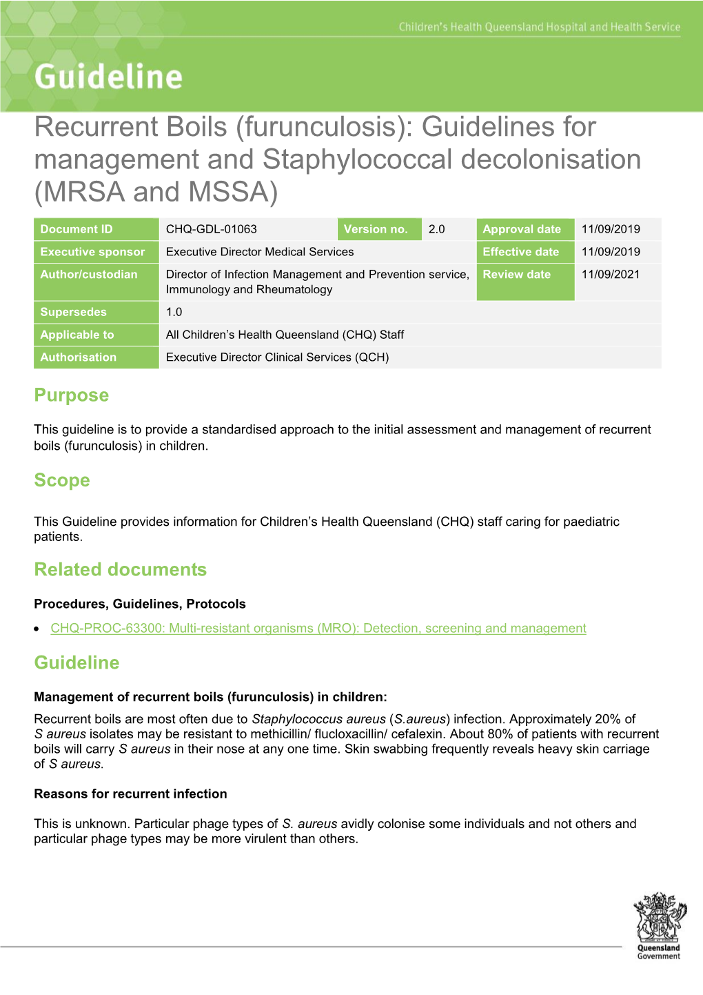 Recurrent Boils (Furunculosis): Guidelines for Management and Staphylococcal Decolonisation (MRSA and MSSA)