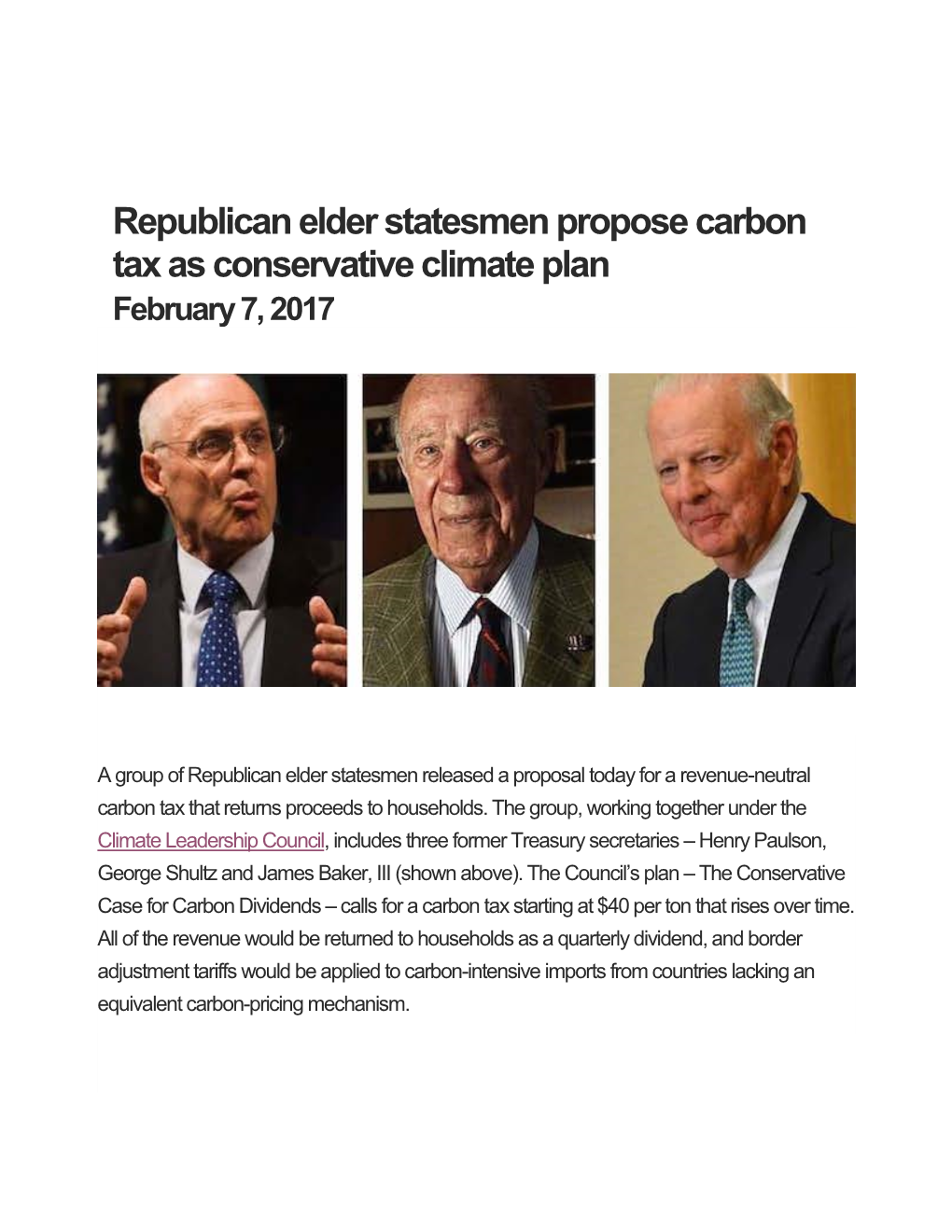 Republican Elder Statesmen Propose Carbon Tax As Conservative Climate Plan February 7, 2017