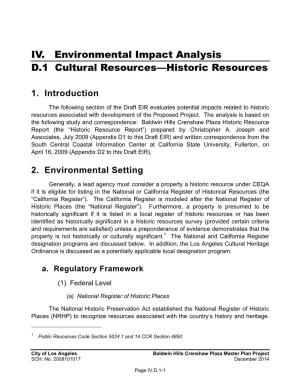 IV. Environmental Impact Analysis D.1 Cultural Resources—Historic Resources