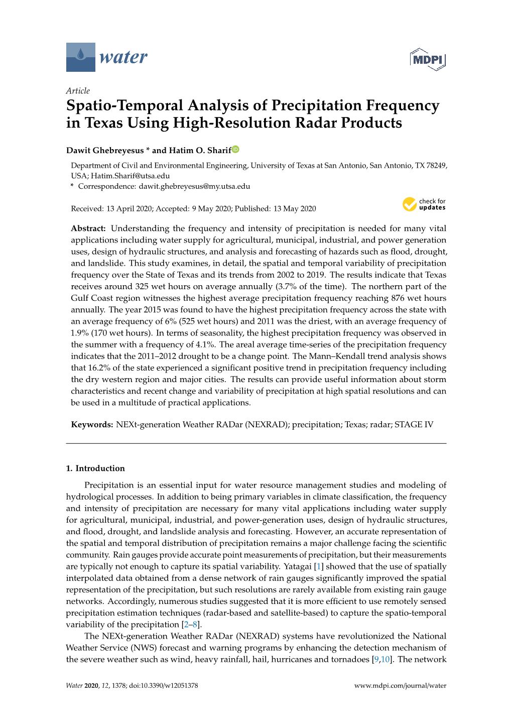 Spatio-Temporal Analysis of Precipitation Frequency in Texas Using High-Resolution Radar Products