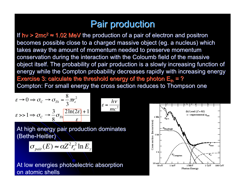 Pair Productionproduction If Hν > 2Mc2 ≈ 1.02 Mev the Production of a Pair of Electron and Positron Becomes Possible Close to a Charged Massive Object (Eg