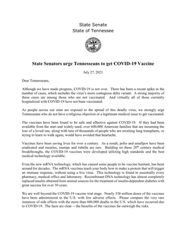 State Senators Urge Tennesseans to Get COVID-19 Vaccine