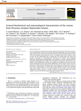General Biochemical and Immunological Characteristics of the Venom from Peruvian Scorpion Hadruroides Lunatus