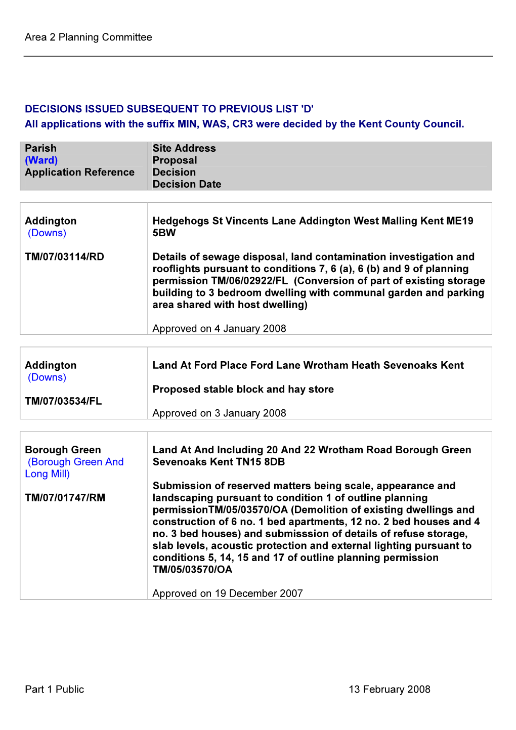 Area 2 Planning Committee Part 1 Public 13 February 2008 DECISIONS ISSUED SUBSEQUENT to PREVIOUS LIST 'D' All Applications With