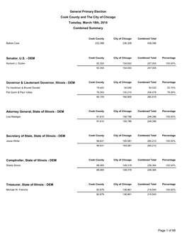 Combined Summary General Primary Election Cook County and the City of Chicago March 18Th 2014