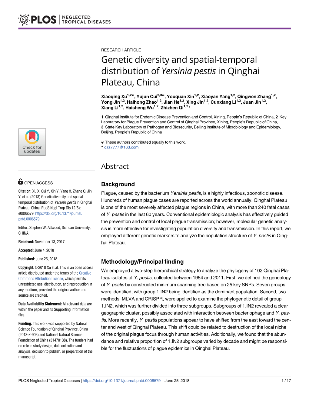 Genetic Diversity and Spatial-Temporal Distribution of Yersinia Pestis in Qinghai Plateau, China