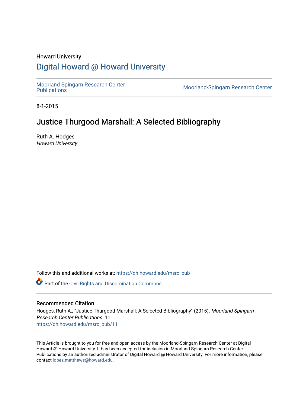 Justice Thurgood Marshall: a Selected Bibliography