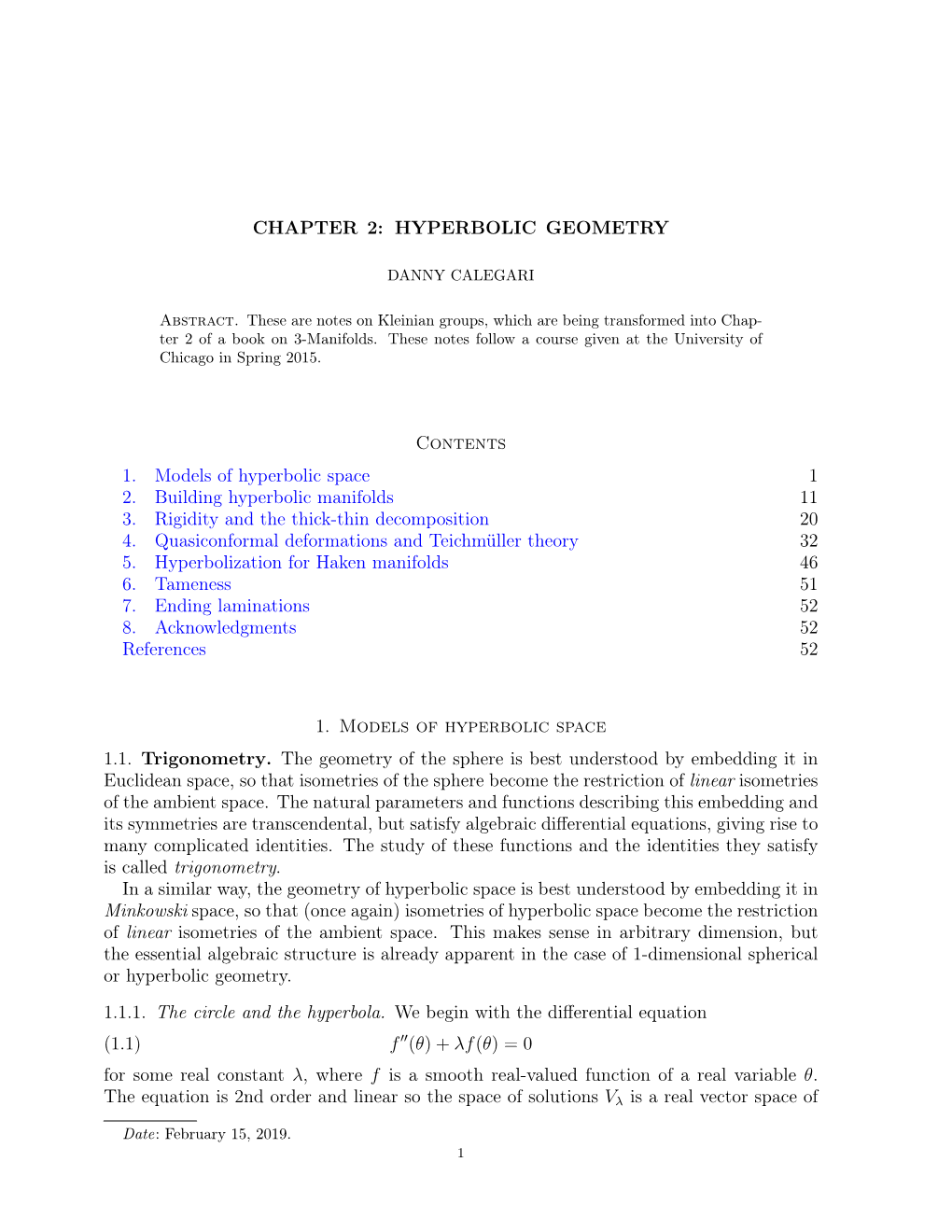 Chapter 2: Hyperbolic Geometry